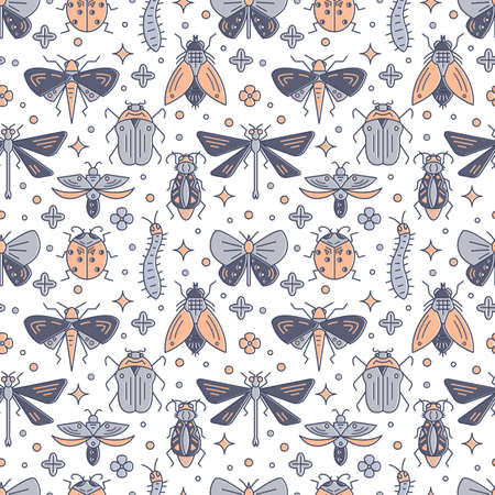 Vector seamless pattern with bugs and insects in line style on white backgroundのイラスト素材