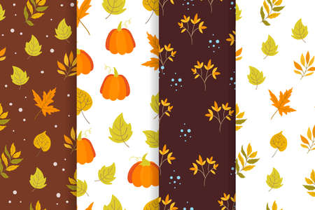 Autumn set of seamless pattern with pumpkin, aspen, oak and maple leavesのイラスト素材