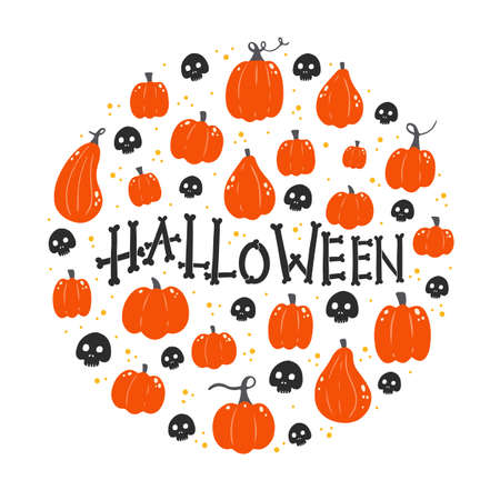 Halloween greeting card with pumpkins and skull. Hand drawn patternのイラスト素材