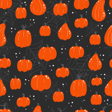 Halloween seamless pattern with pumpkins and spiderwebのイラスト素材