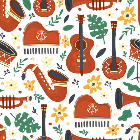 Seamless pattern with music instruments. Music festival posters and jazz concertsのイラスト素材