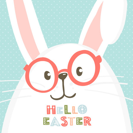 Easter vector illustration with cute bunny in glasses and decorative letteringのイラスト素材