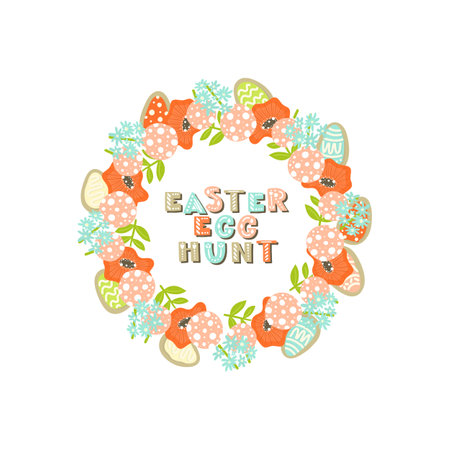 Easter wreath with colorful cookie eggs, flowers, and branches on white backgroundのイラスト素材