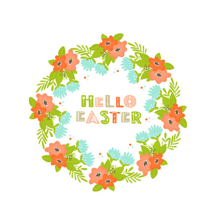 Easter wreath with colorful cookie eggs, flowers, and branches on white backgroundのイラスト素材
