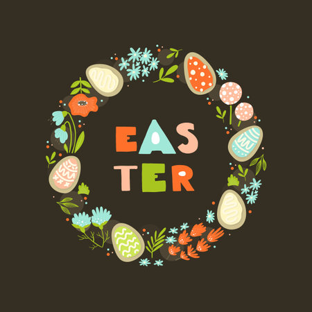 Easter wreath with colorful cookie eggs, flowers, and branches on backgroundのイラスト素材