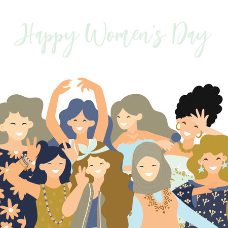 International Womens Day. Vector greeting card. Cute womanのイラスト素材