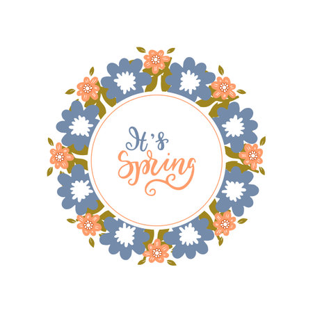 Spring lettering with wreath. Spring flower and butterflyesのイラスト素材