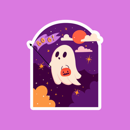 Vector Halloween sticker with pumpkin cauldron, ghost, moon, night sky, boo sign. Autumn holiday card for print.のイラスト素材