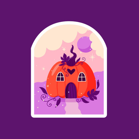 Vector Halloween sticker with pumpkin house, moon and clouds. Autumn holiday card for print.のイラスト素材
