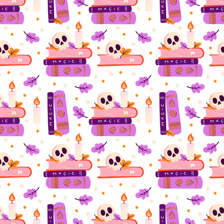 Vector Halloween seamless pattern with books, candles, skulls and autumn leaves. Holiday surface pattern design.のイラスト素材