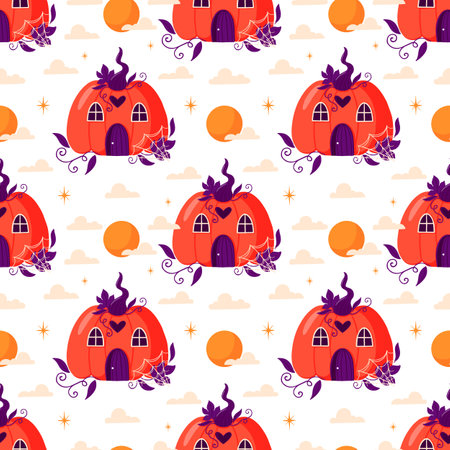 Vector Halloween seamless pattern with pumpkin, moon, clouds. surface pattern design.のイラスト素材
