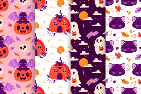 Vector Halloween set of seamless patterns with ghost, moon, black cat, pumpkin. Collection of surface pattern design.のイラスト素材