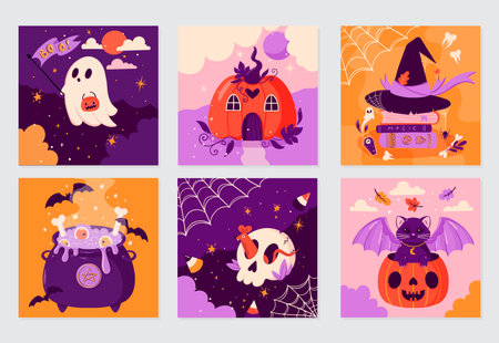Vector Halloween greeting cards with pumpkin, ghost, skull, bats, black cat, cauldron, and witch hat. Autumn holiday card for print.のイラスト素材