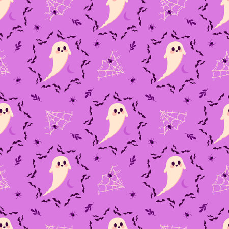 Vector Halloween seamless pattern with ghost, web, bats and spiders. surface pattern design.のイラスト素材