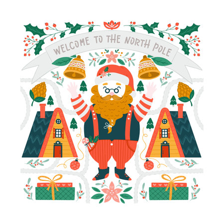 Merry Christmas greeting card with scandinavian ornaments and Santa Clausのイラスト素材