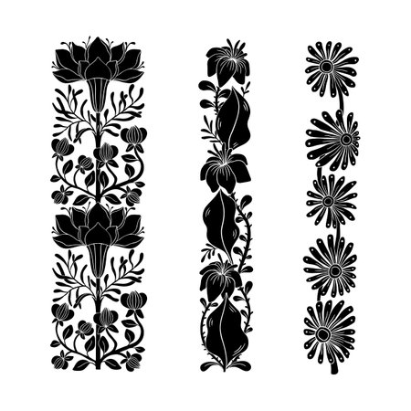 Vector set of borders, black symmetry flower composition isolated on white background. Folk art style illustrationのイラスト素材