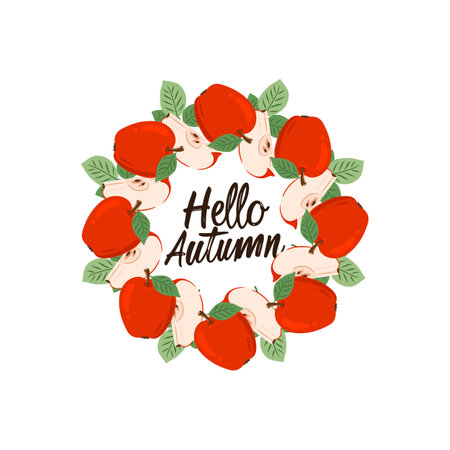 Autumn wreath with apples and leaves on a white background. Perfect for Thanksgiving Day invitations and holiday greeting cards.のイラスト素材