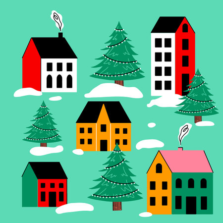 Vector Template Christmas greeting card with winter town landscape. Vector illustrationのイラスト素材