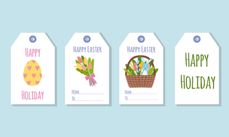 Gift tags for the Easter holiday. Decorating gifts with spring elements: colorful eggs, a bouquet of tulip flowers, a willow, a cartoon character a rabbit. Cute lettering and greetingsのイラスト素材