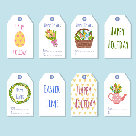 Gift tags for the Easter holiday. Decorating gifts with spring elements: colorful eggs, a bouquet of tulip flowers, a willow, a cartoon character a rabbit. Cute lettering and greetingsのイラスト素材