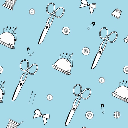 Pattern made of scissors, needles, pins, threads, mouline and pincushionの写真素材