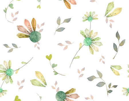 Watercolor pattern, illustration with calendula flowers and twigs. Suitable for interior decoration, postcards, natural cosmetics, fabrics, wallpaper, delicate pastel colors.の写真素材