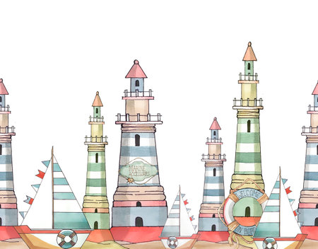 A watercolor illustration, pattern, a border from a marine set. A lifebuoy, a boat, an anchor, a lighthouse, a rope and an octopus. Suitable for interior postcards, children's parties, wallpaper.の写真素材
