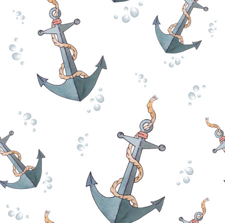 A watercolor illustration, pattern, a border from a marine set. A lifebuoy, a boat, an anchor, a lighthouse, a rope and an octopus. Suitable for interior postcards, children's parties, wallpaper.の写真素材