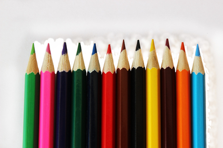 Row of pencils on a white backgroundの写真素材