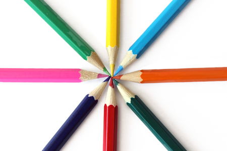 Row of pencils on a white backgroundの写真素材