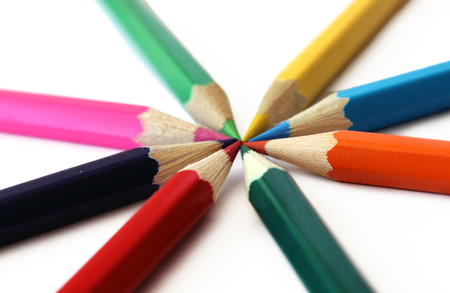 Row of pencils on a white backgroundの写真素材