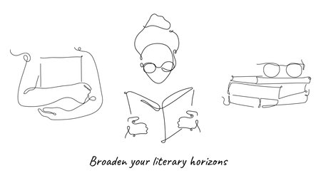 Girl reading a book. Broaden your literary horizons poster. One line style, outline. Vectorのイラスト素材