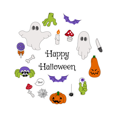 Halloween set of groovy mascot objects in y2k style in circle. Hand drawn cartoon monsters, pumpkin, candy, ghost, zombie, spider for print design, stickers pack, poster, card, tsのイラスト素材