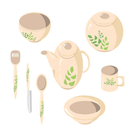 ceramic tableware with green sprig printのイラスト素材