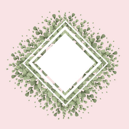Vector elegant pattern of green leaves on a pink background. Wedding invitation, invite thank you, modern card design: green tropical palm leaf greenery eucalyptus branches decorative wreath and frame template.のイラスト素材