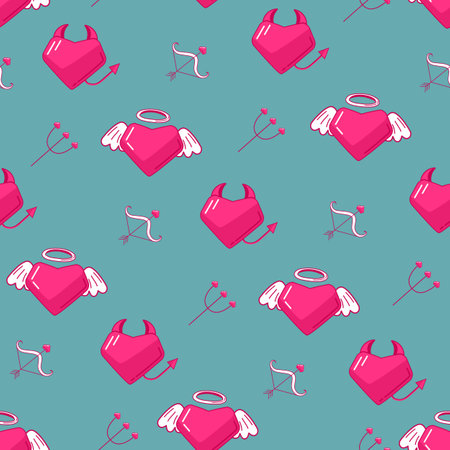 vector pattern for valentine's day, pink hearts in the shape of an angel and devil, a bow with an arrow and a trident. hearts pattern for textiles, web banner, postcardのイラスト素材