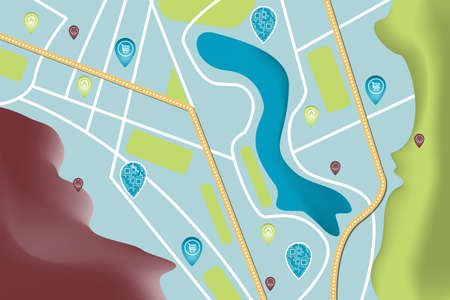 City map with pins. GPS navigation route with pointers, roads, landscape, mountains, lake,...