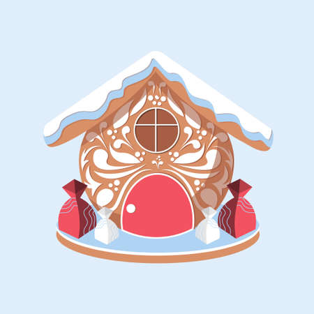 gingerbread house, painted, pattern of white glaze on the wall, Christmas sweets, wrapped candiesのイラスト素材