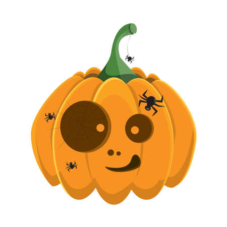 funny pumpkin with eyes, spider web with spiders, halloween elementのイラスト素材