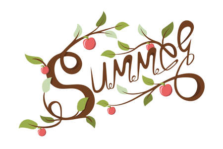 summer lettering, branches with green leaves and apples, vector print