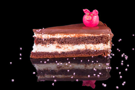Delicious chocolate children cake, kinder,  with reflection, isolated on black backgroundの写真素材