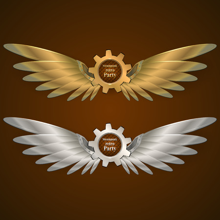 Set banners with gears in the form of metal wings.のイラスト素材