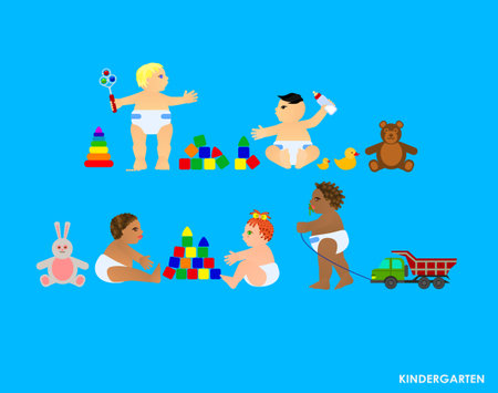 Funny little flat children play in the garden. Vector illustrationのイラスト素材