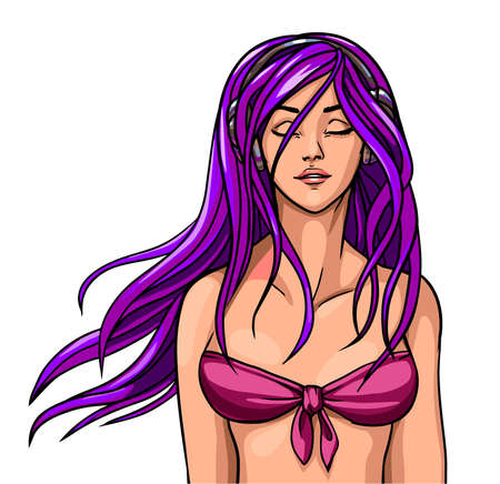 beautiful girl in a bathing suit with long hair listening to music with headphones. のイラスト素材