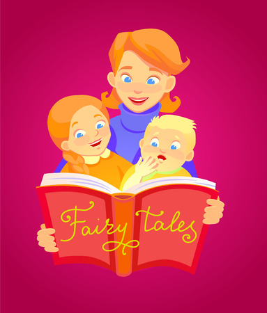 Mother reads a fairy tale to children. A group of characters.のイラスト素材