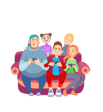 Friends play computer games funny doodle characters vector illustration.のイラスト素材
