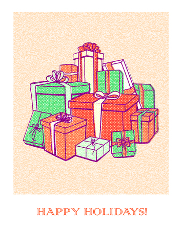 Festive retro greeting card with gift boxes. Vector illustrationのイラスト素材