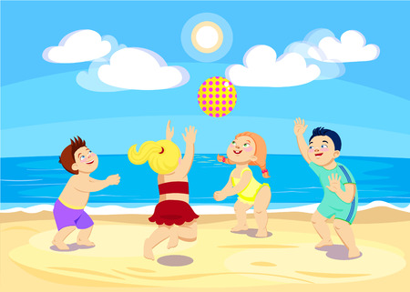 cartoon children playing volleyball on the beach. Vector illustrationのイラスト素材