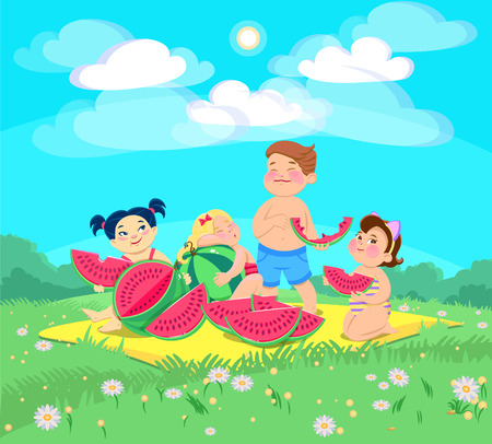 doodle children at a picnic eating a watermelon. summer vector illustrationのイラスト素材