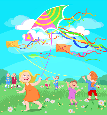 doodle children play with kites on a clearing, summer vector illustrationのイラスト素材